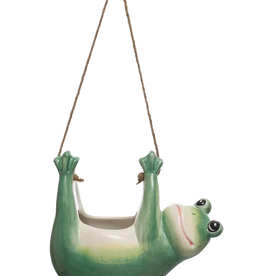 Hanging Ceramic Frog Planter w/ Jute Rope Hanger, Green & White