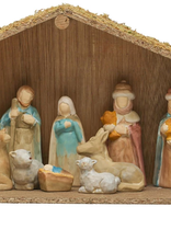Wood Creche w/ 1-1/2"H - 4"H Nativity, Multi Color, Set of 11, 13-1/4"L x 5-1/2"W x 8-1/2"H