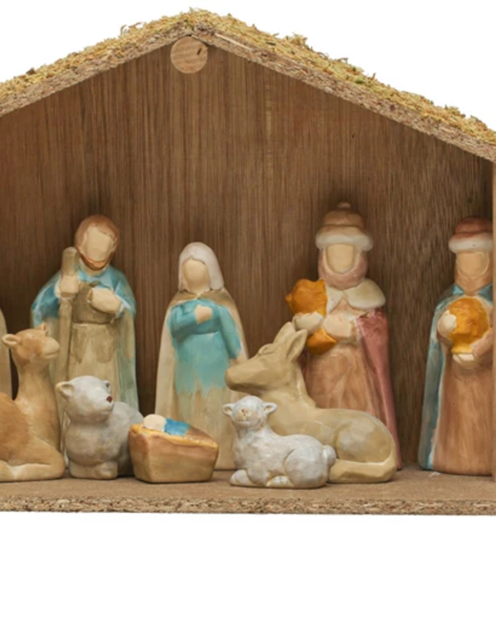 Wood Creche w/ 1-1/2"H - 4"H Nativity, Multi Color, Set of 11, 13-1/4"L x 5-1/2"W x 8-1/2"H