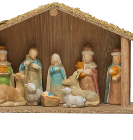 Wood Creche w/ 1-1/2"H - 4"H Nativity, Multi Color, Set of 11, 13-1/4"L x 5-1/2"W x 8-1/2"H