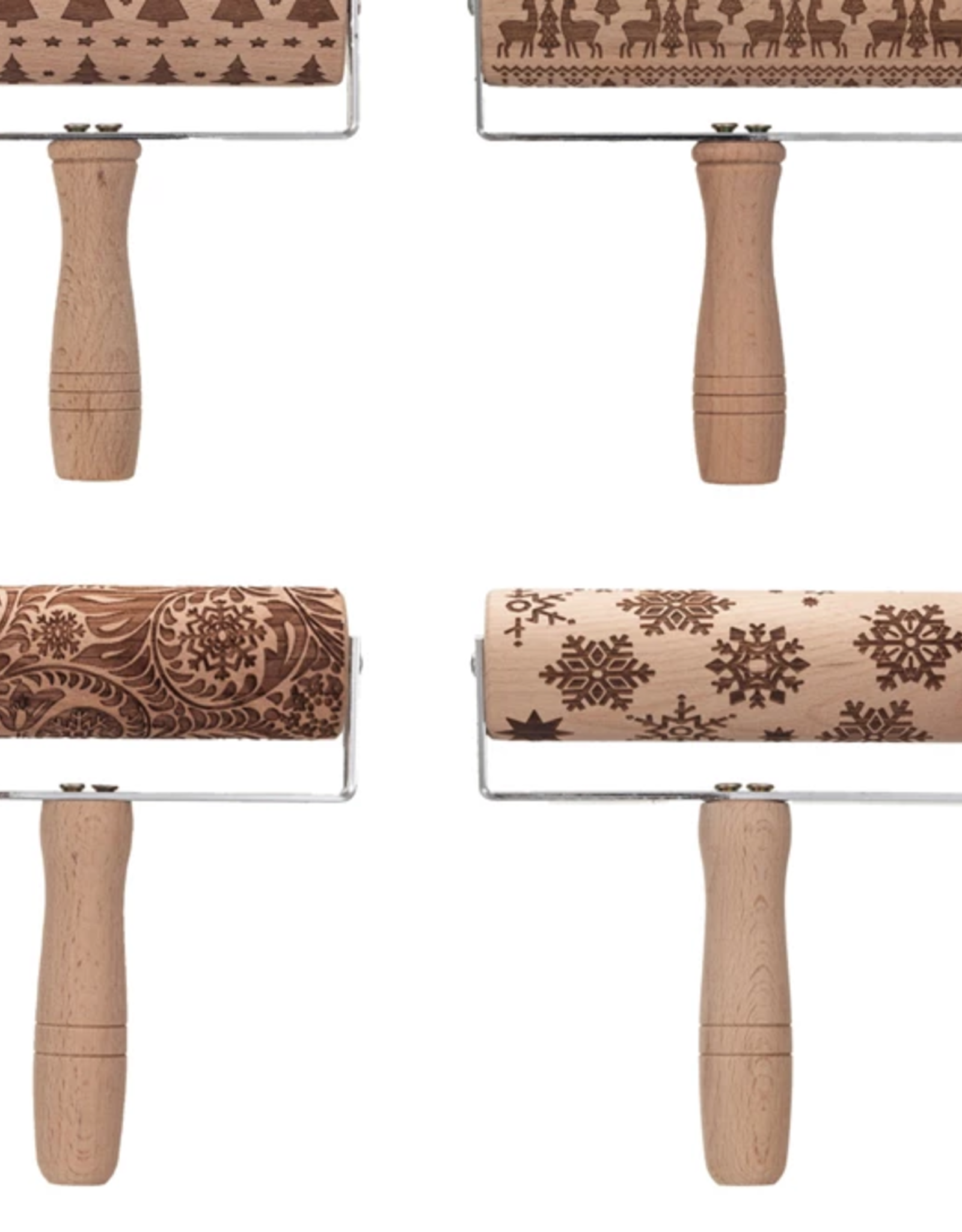 Beech Wood Rolling Pin w/ Handle & Laser Cut Holiday Pattern, Natural, 4 Styles