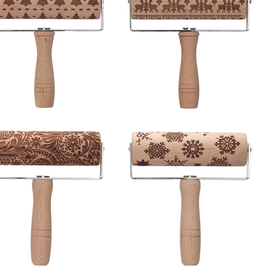 Beech Wood Rolling Pin w/ Handle & Laser Cut Holiday Pattern, Natural, 4 Styles