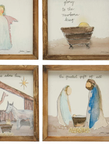 Fir Wood Framed Wall Decor w/ Christmas Saying & Scene, Multi Color, 4 Styles, 8-1/4" Square