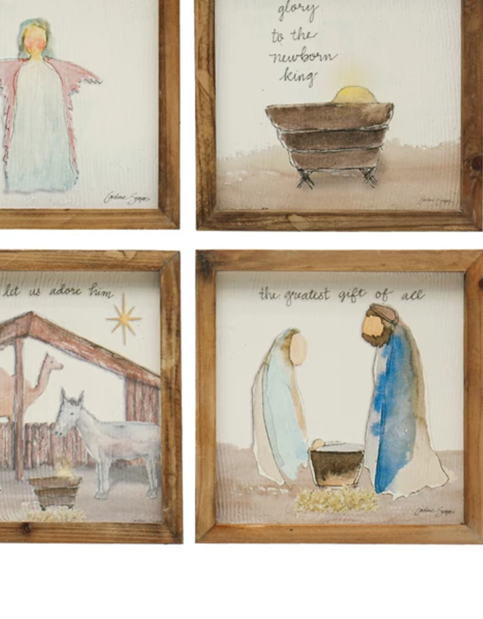 Fir Wood Framed Wall Decor w/ Christmas Saying & Scene, Multi Color, 4 Styles, 8-1/4" Square