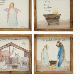 Fir Wood Framed Wall Decor w/ Christmas Saying & Scene, Multi Color, 4 Styles, 8-1/4" Square