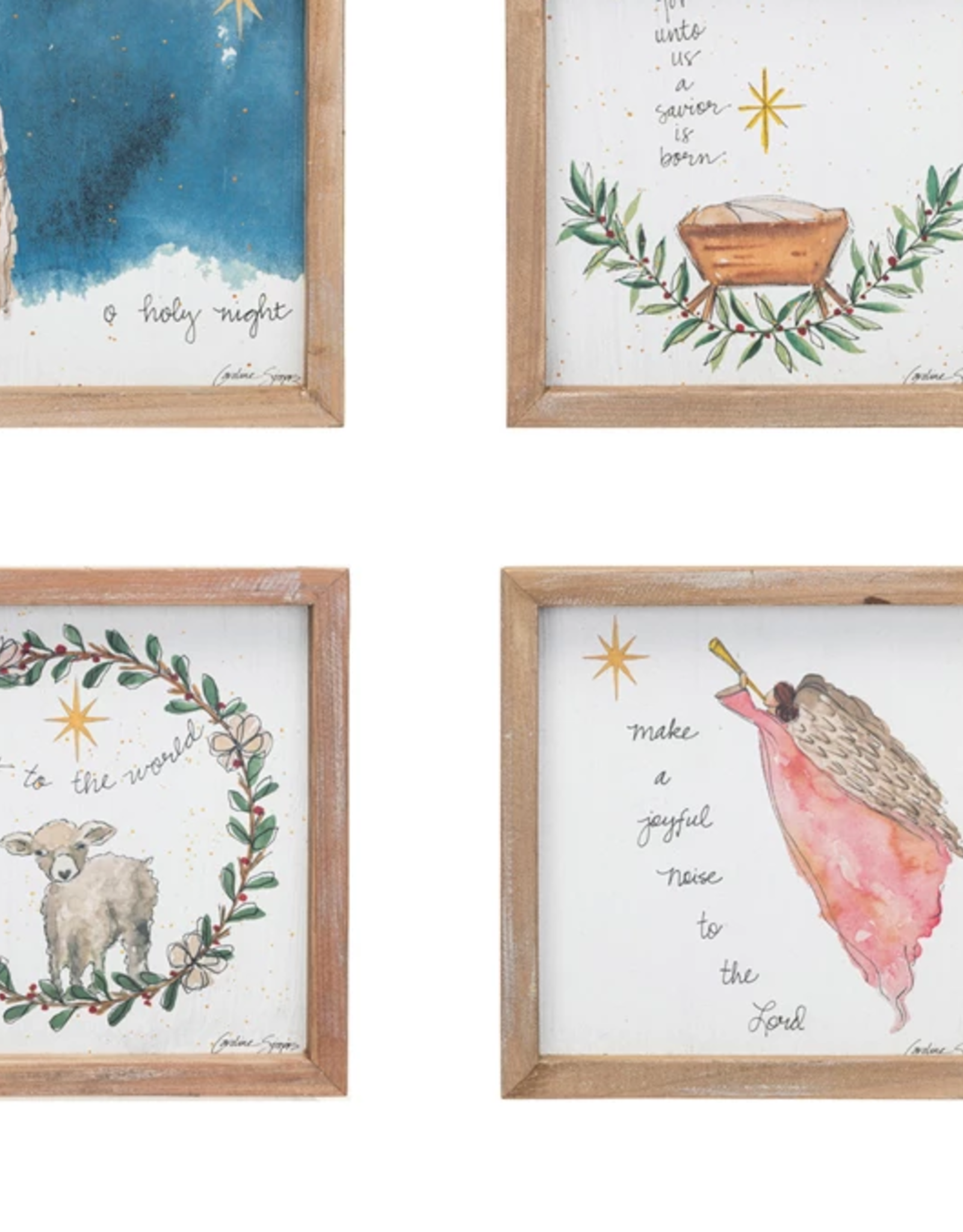 Wood Framed Wall Décor w/ Mary, Jesus, Lamb, Shepard & Saying, 4 Styles © 8-1/4" Square