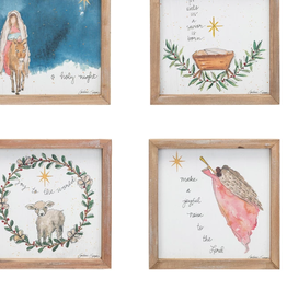 Wood Framed Wall Décor w/ Mary, Jesus, Lamb, Shepard & Saying, 4 Styles © 8-1/4" Square