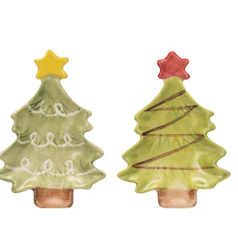 Hand-Painted Stoneware Christmas Tree Dish w/ Star, 4 Styles  4"L x 2-3/4"W