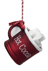 Glass Hot Cocoa Mug Ornament w/ Polka Dot Ribbon "Hot Cocoa", Red & White, 3-3/4"L x 3-1/4"H