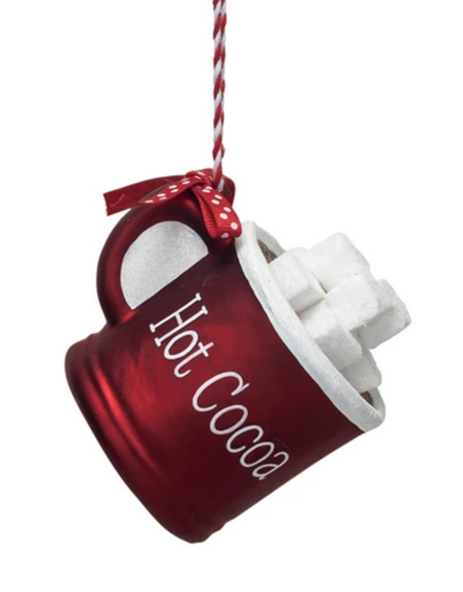 Glass Hot Cocoa Mug Ornament w/ Polka Dot Ribbon "Hot Cocoa", Red & White, 3-3/4"L x 3-1/4"H