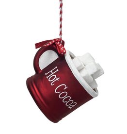 Glass Hot Cocoa Mug Ornament w/ Polka Dot Ribbon "Hot Cocoa", Red & White, 3-3/4"L x 3-1/4"H