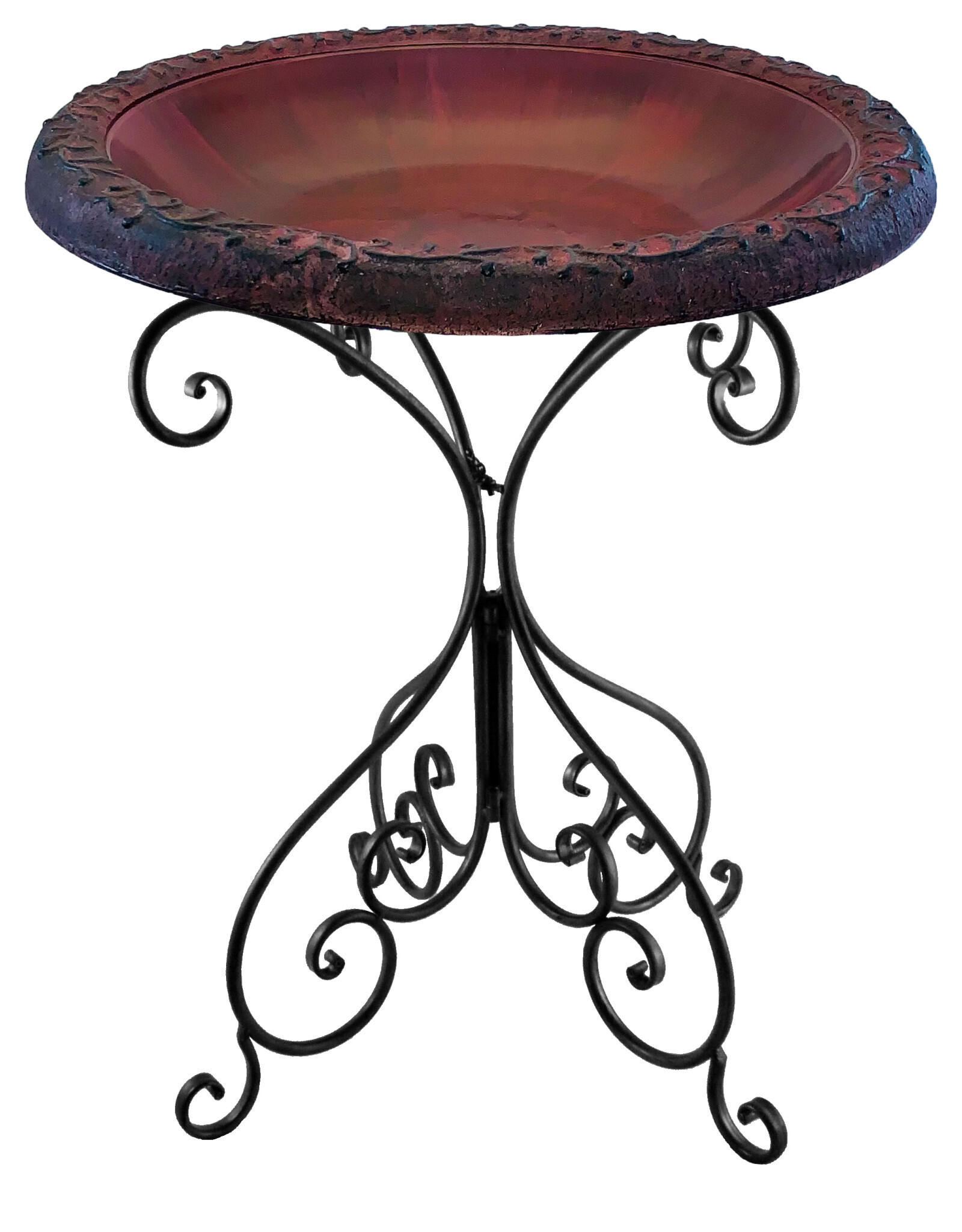 28" Red/Charcoal Fiber Clay Birdbath on Black Metal Base