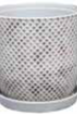 Diamond Egg Pot w/ Attached Saucer Creamy White 9.75 x 10.25