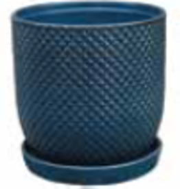 Diamond Egg Pot w/ Attached Saucer Dark Blue 5.5 x 5.5
