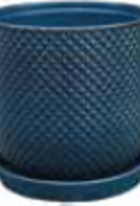 Diamond Egg Pot w/ Attached Saucer Dark Blue 7.75 x 8.25