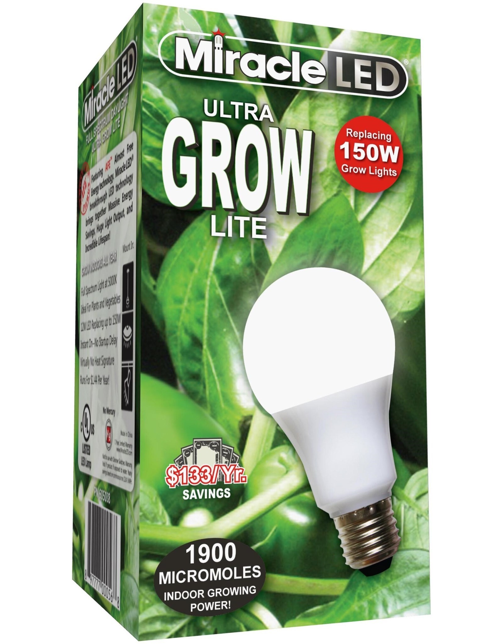 MiracleLED® Commercial Hydroponic Grow Light  - Ultra Grow Lite Bulb - Replaces up to 150W - Full Spectrum Daylight A19 LED