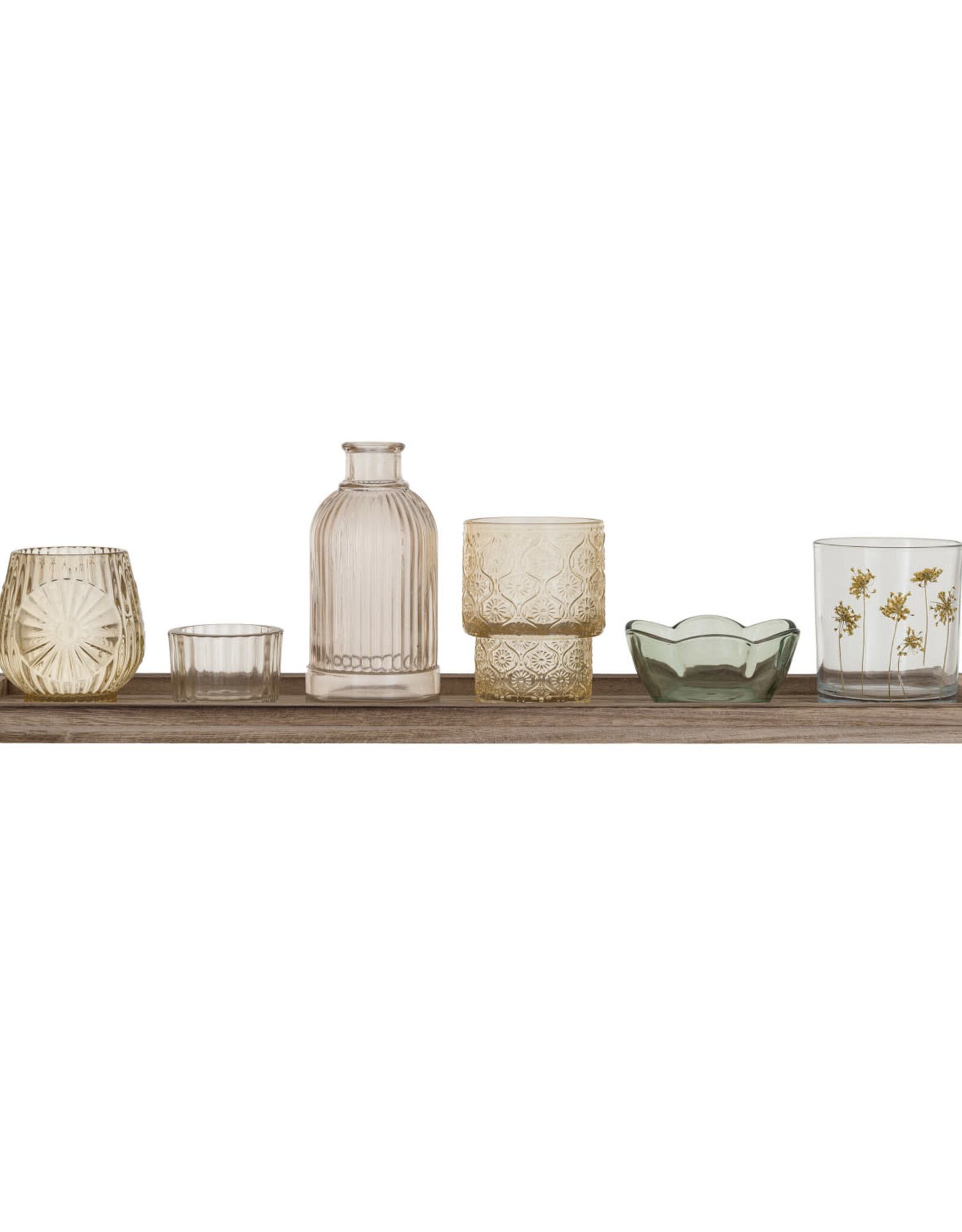 Wood Tray w/ Embossed Glass Tealight/Votive Holders w/ Vase, Set of 7