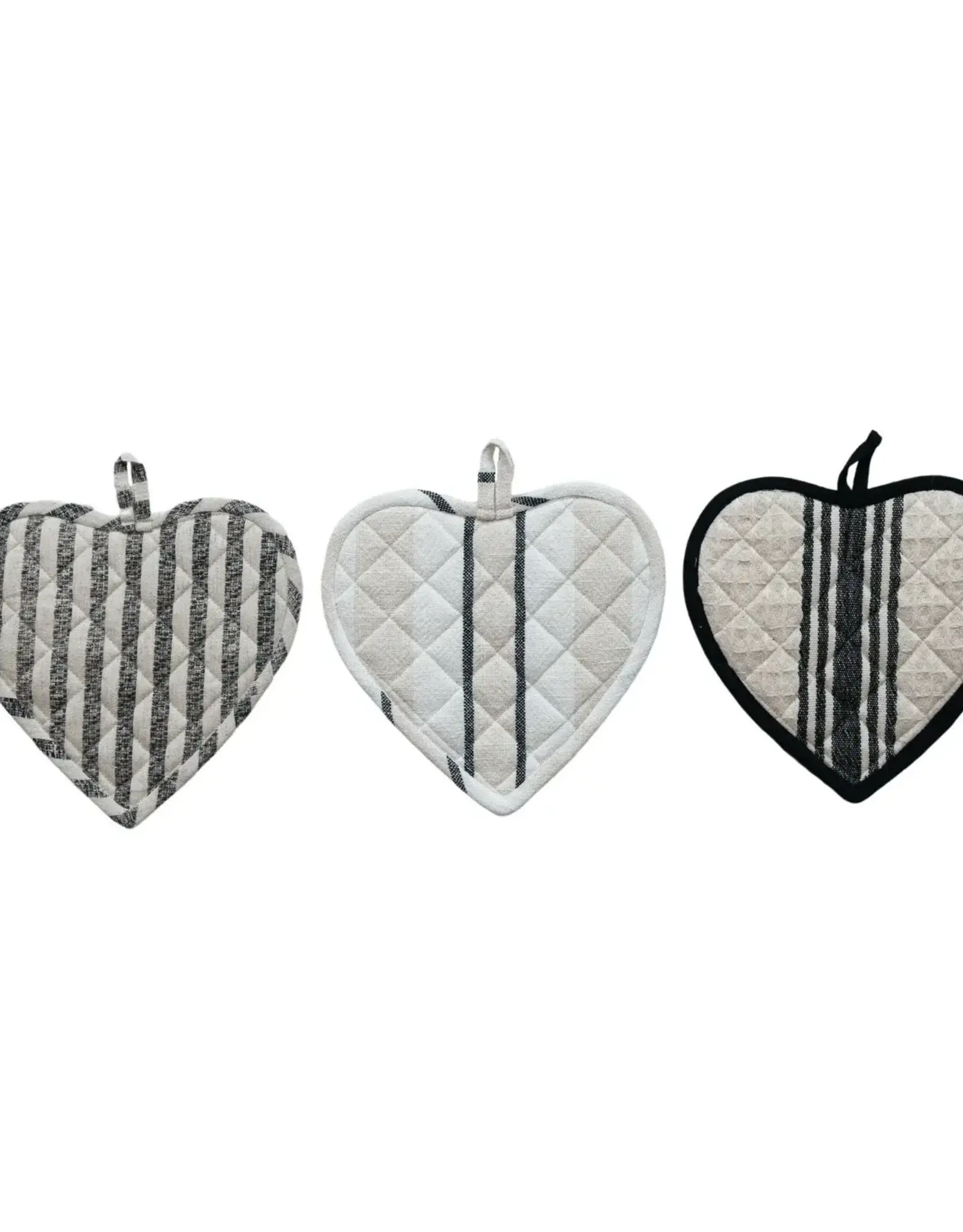 Cotton Quilted Heart Shaped Pot Holder w/ Stripes, 3 Styles