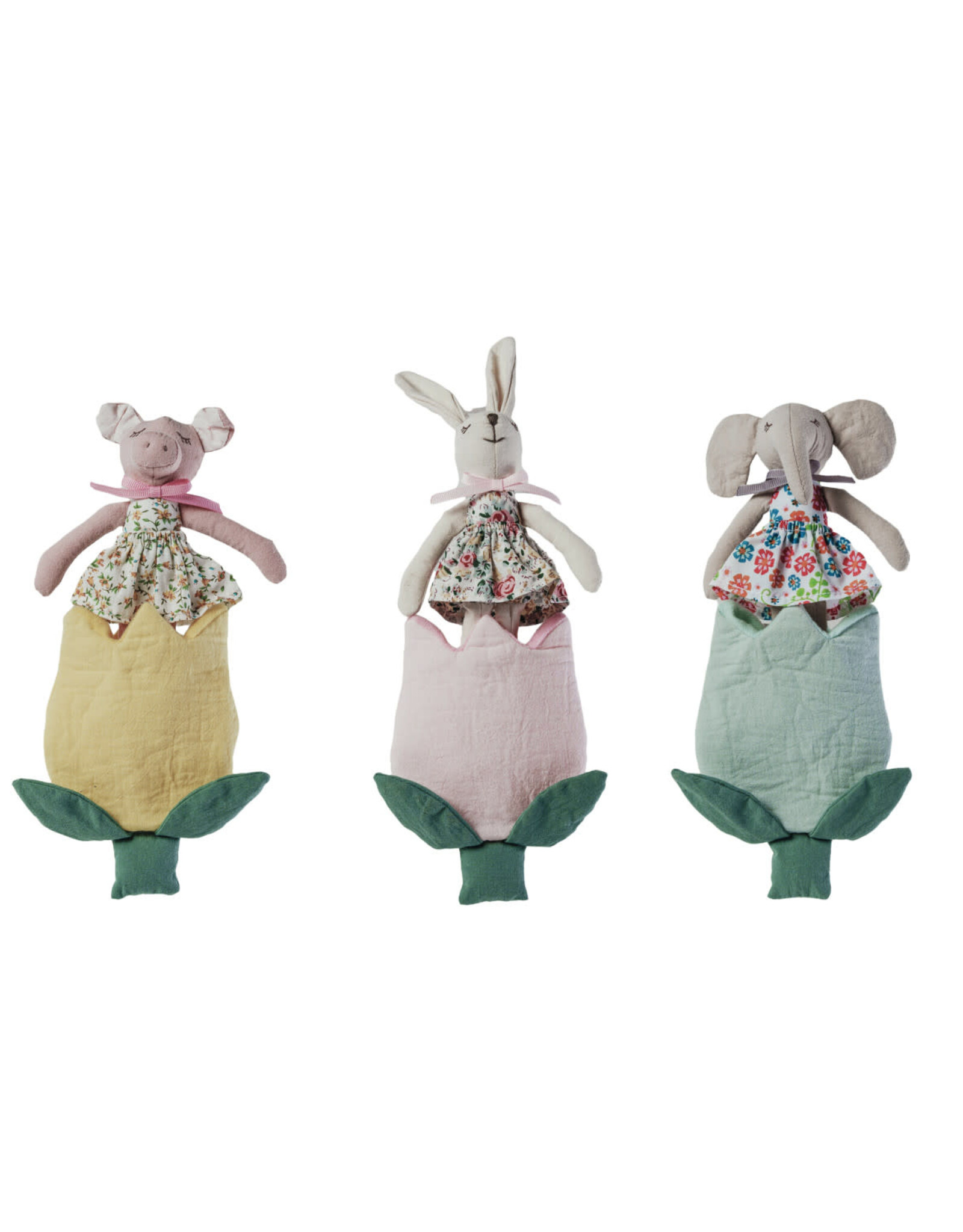Plush Animal w/ Flower Shaped Pocket, Set of 2, 3 Styles