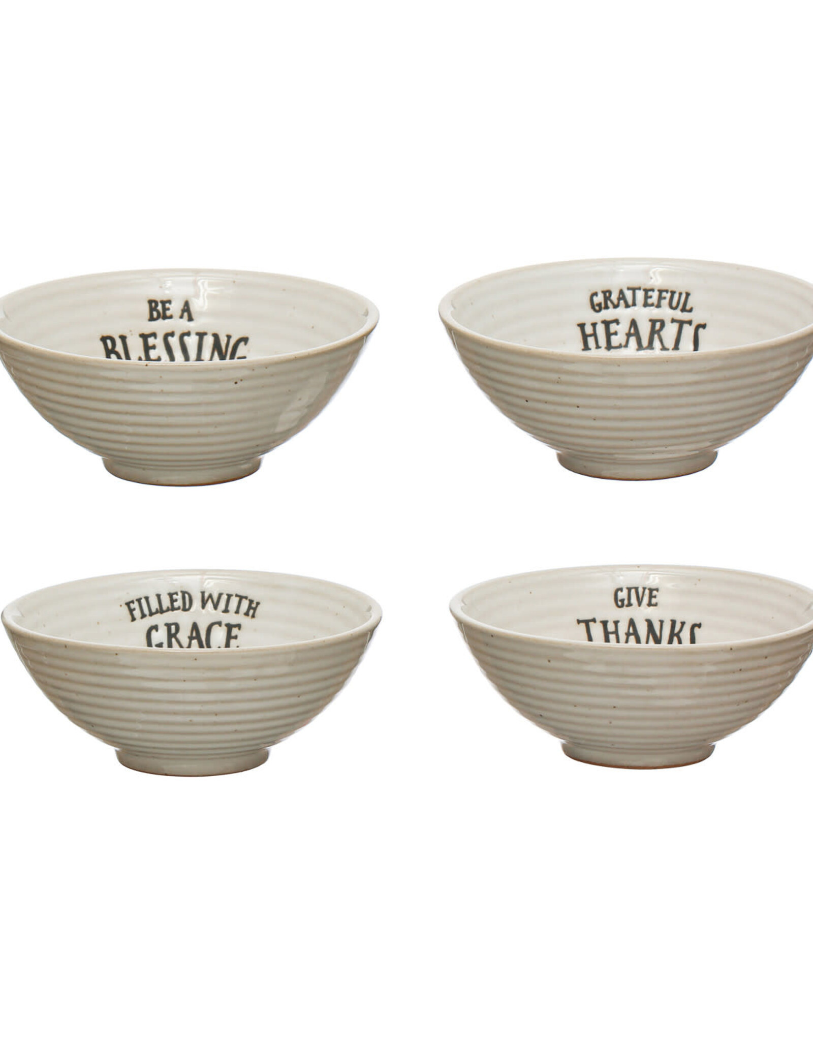 4" Round x 1-1/2"H Stoneware Bowl w/ Stamped Saying, Cream Color, 4 Styles