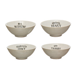 4" Round x 1-1/2"H Stoneware Bowl w/ Stamped Saying, Cream Color, 4 Styles
