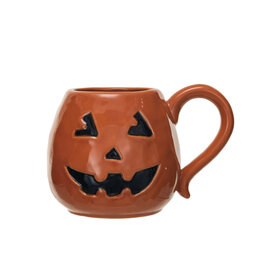 16 oz. Debossed Stoneware Jack-O-Lantern Shaped Mug, Orange Color & Black
