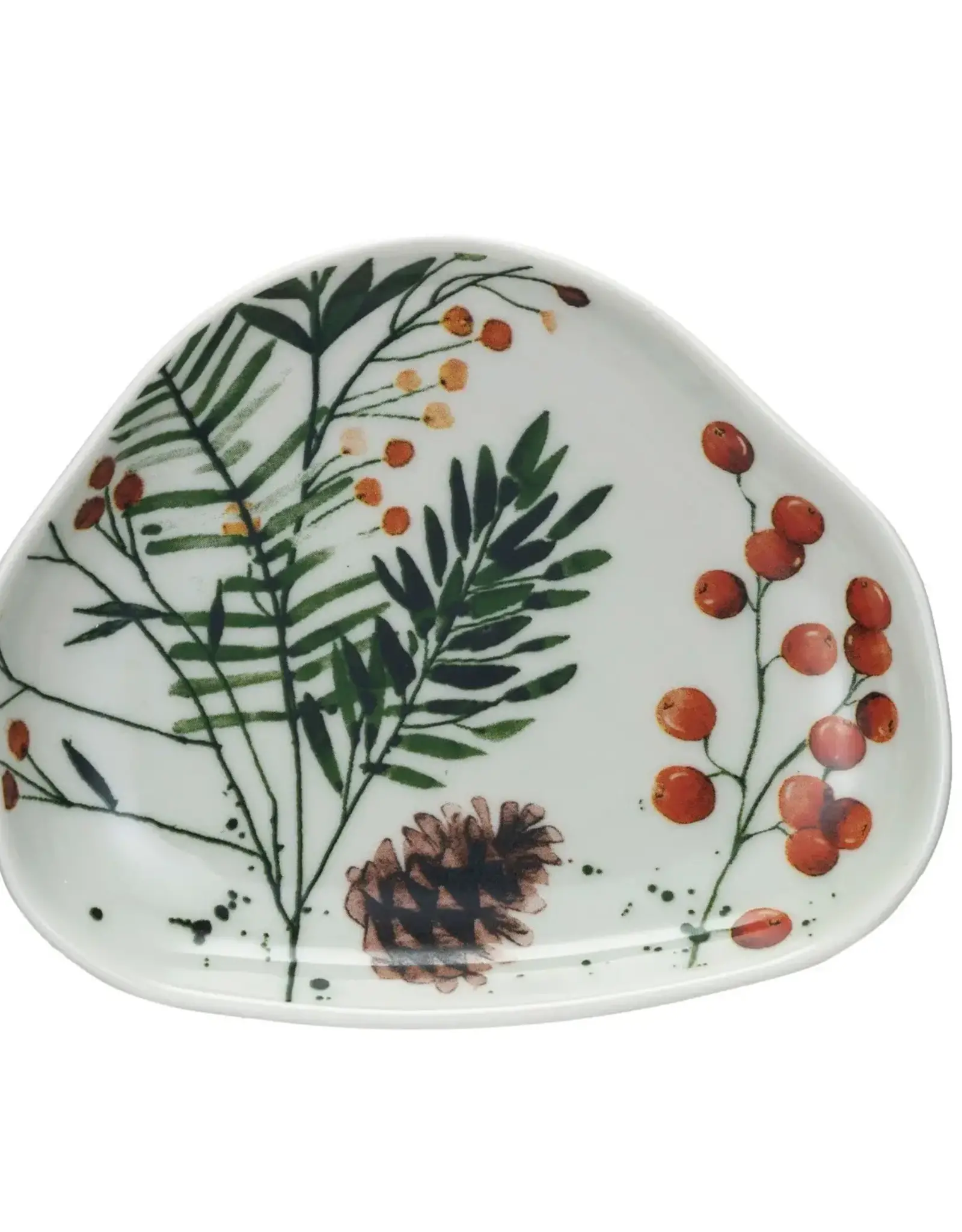 Stoneware Organic Shaped Dish w/ Seasonal Botanicals, Multi Color