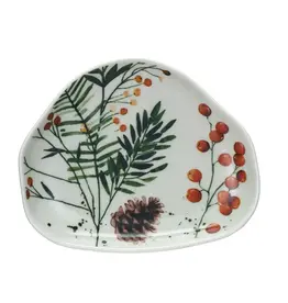 Stoneware Organic Shaped Dish w/ Seasonal Botanicals, Multi Color