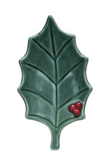 Stoneware Holly Leaf Shaped Dish, Reactive Glaze, Green & Red 7-1/2"L x 4-1/4"W