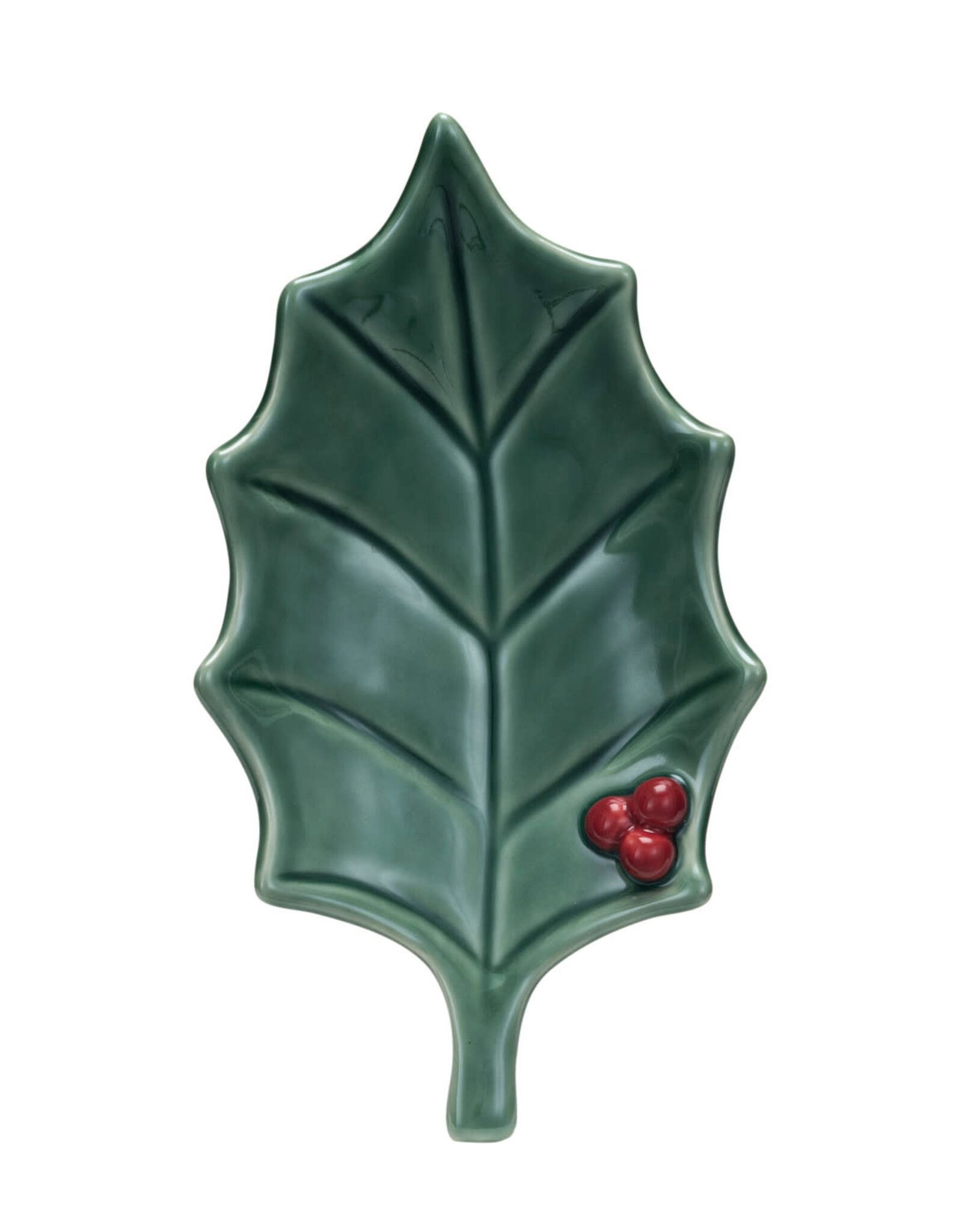Stoneware Holly Leaf Shaped Dish, Reactive Glaze, Green & Red 7-1/2"L x 4-1/4"W