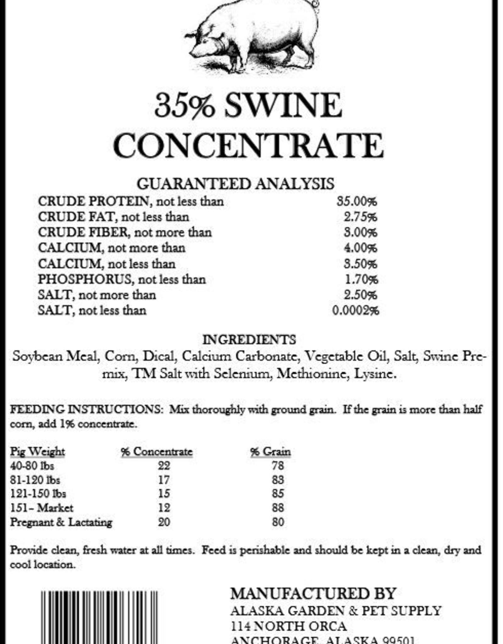 Alaska Mill and Feed Swine Concentrate 35% 50 lb pig  food AMF