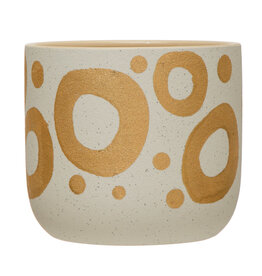 Hand-Painted Stoneware Planter with Gold Design  6-1/2" Round x 6"H