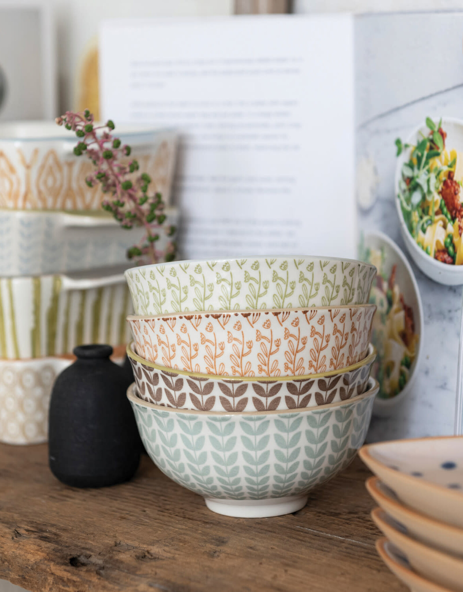 Stoneware Bowl w/ Pattern, 4 Colors, 2 Styles