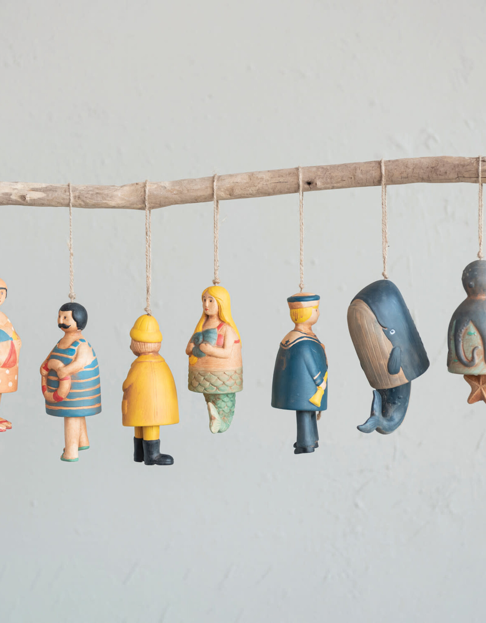 Hand-Painted Stoneware Nautical Bells w/ Jute Rope Hanger, 7 Styles © 6"