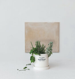 Stoneware Planter w/ Saucer & Wax Relief Saying (Holds 4" Pot) ©