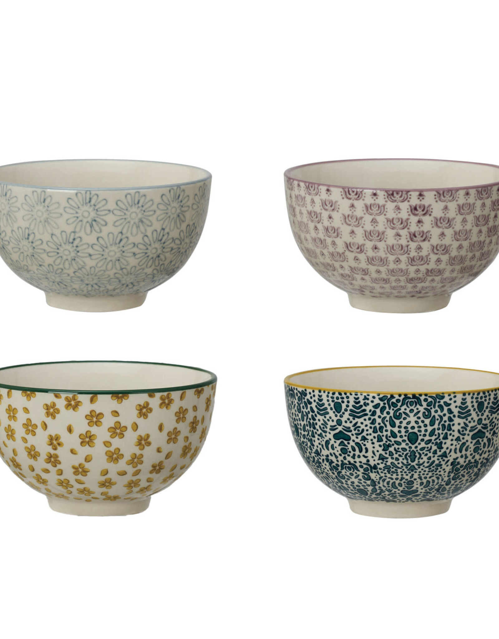 Hand-Stamped Stoneware Bowl w/ Pattern, 4 Styles  4-1/2" Round x 2-1/2"H