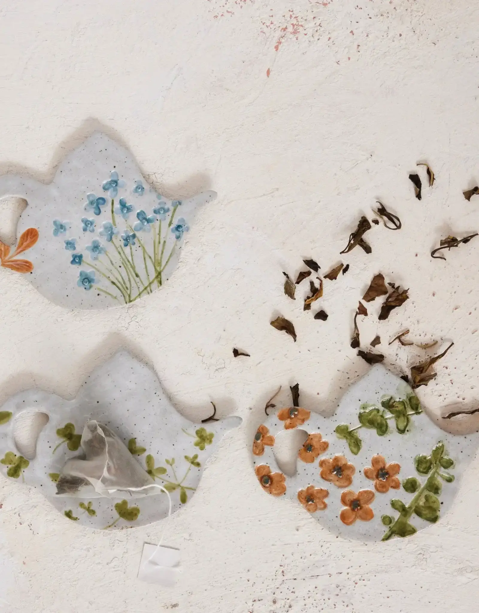 Hand-Painted Stoneware Teapot Shaped Teabag Holder, 3 Styles