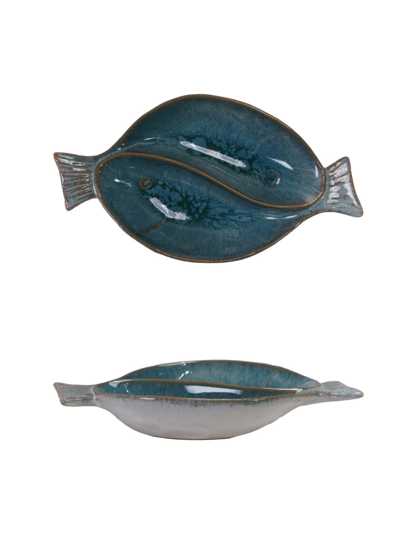 Stoneware Fish Shaped Dish, Reactive Glaze (Each One Will Vary) 6-1/2"L x 3-1/2"W