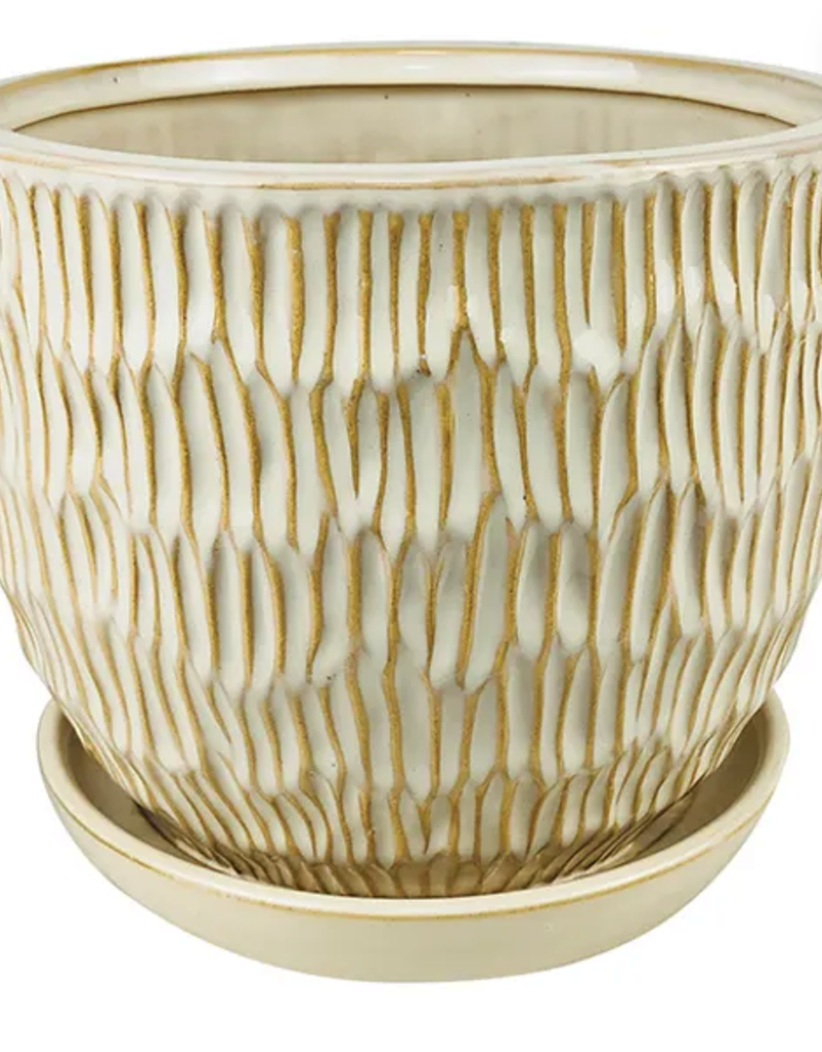 Chiseled Planter with Attached Saucer, 7.75“ x 6.75”, White