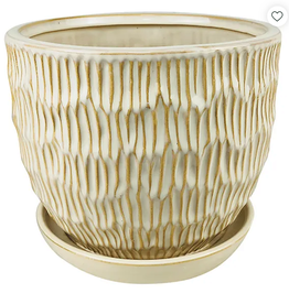 Chiseled Planter with Attached Saucer, 7.75“ x 6.75”, White
