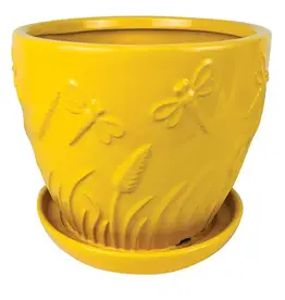 Whimsical Garden Planter with Attached Saucer, 7.75“ x 6.75”, Yellow