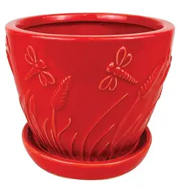 Whimsical Garden Planter with Attached Saucer, 7.75“ x 6.75”, Red
