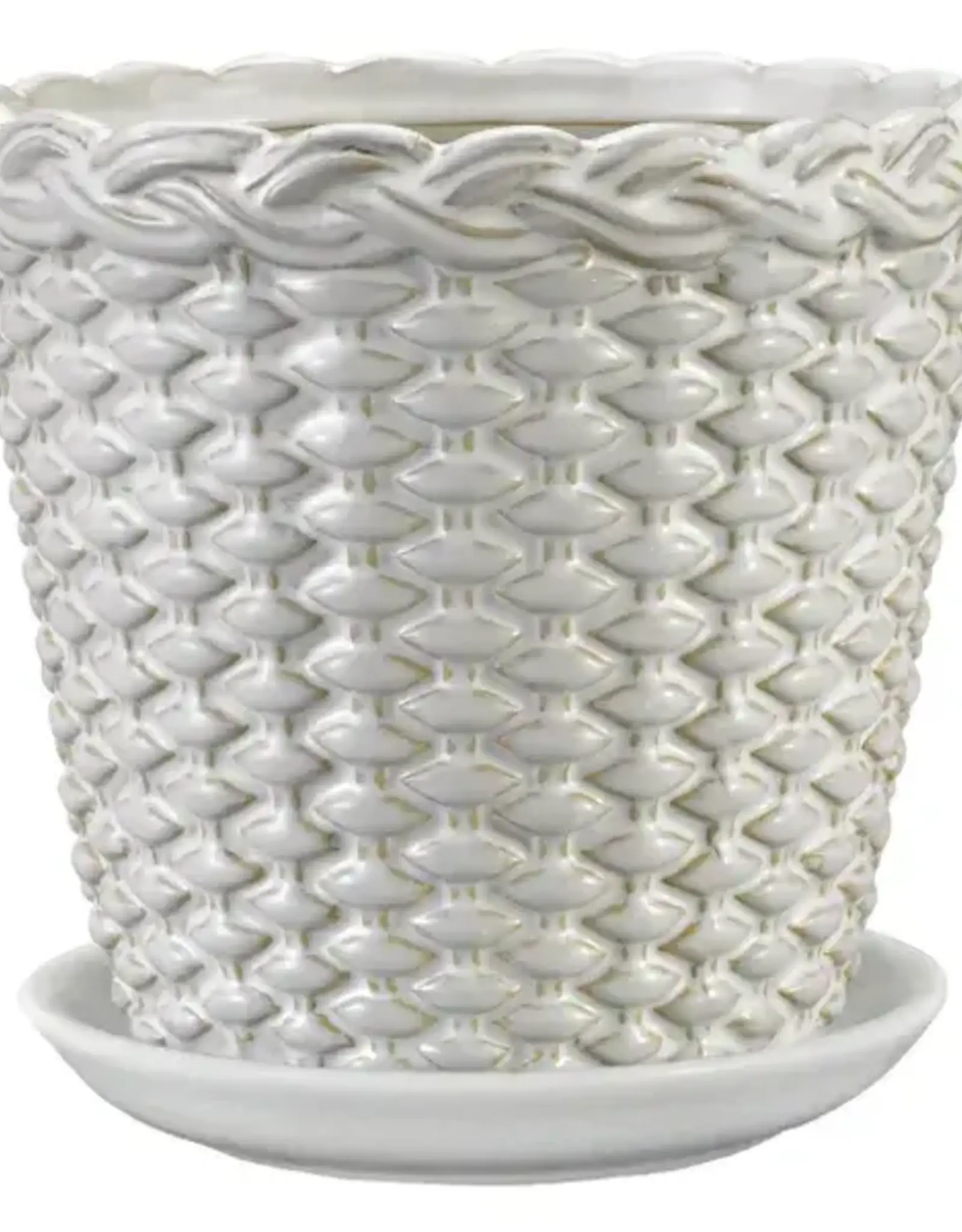 Willow Basket Pot with Attached Saucer, 5“ x 5”, Moonstone