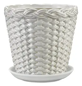 Willow Basket Pot with Attached Saucer, 5“ x 5”, Moonstone