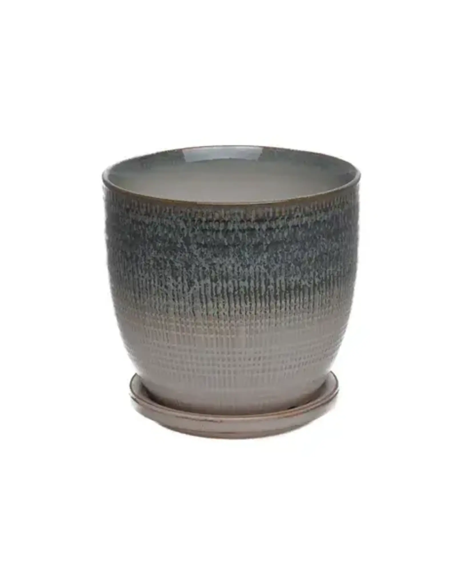 Beatrice Etched Planter with Attached Saucer, 7“ x 6.5”, Ocean