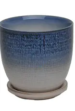 Beatrice Etched Planter with Attached Saucer, 7“ x 6.5”, Azure Blue