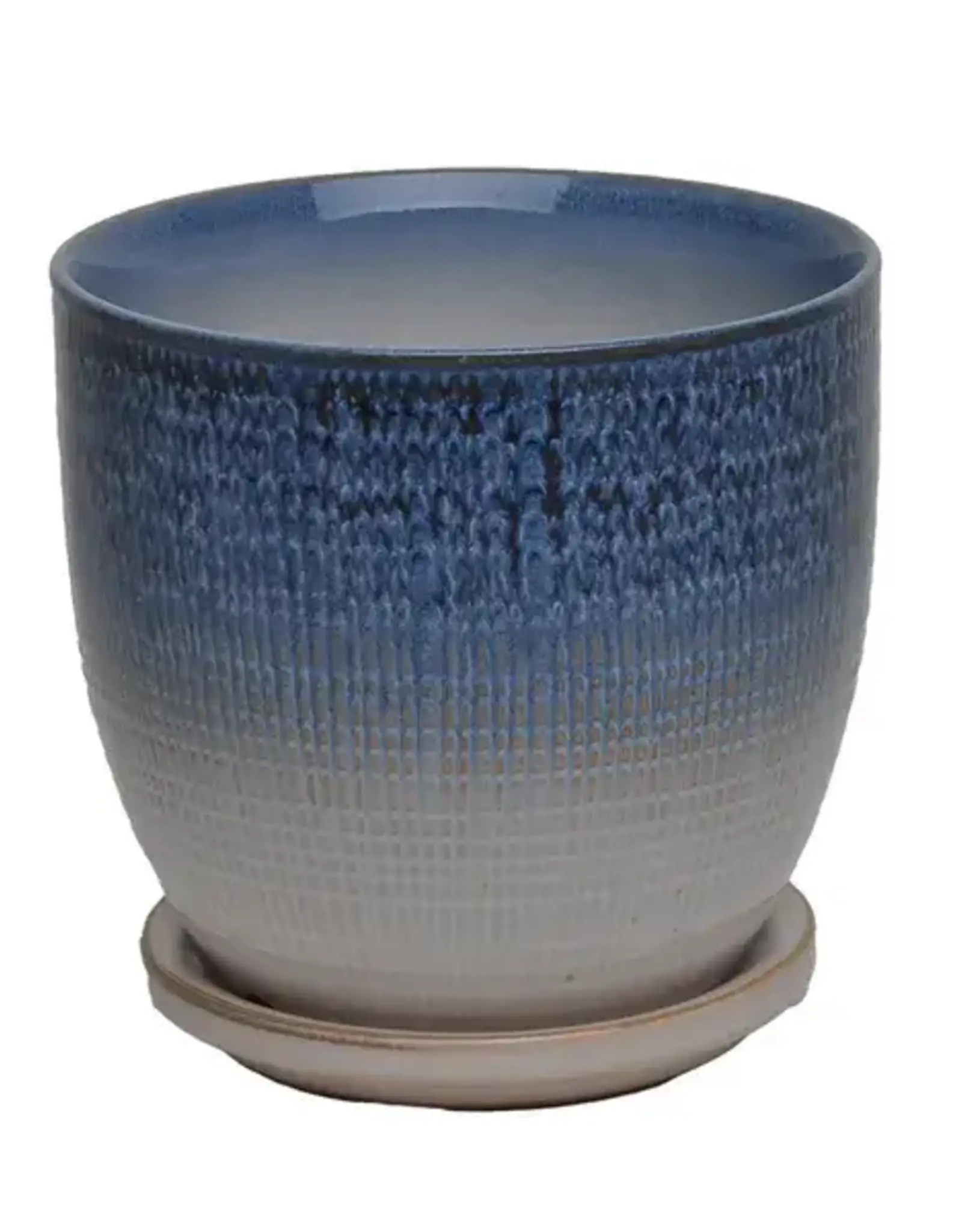 Beatrice Etched Planter with Attached Saucer, 7“ x 6.5”, Azure Blue