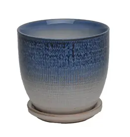 Beatrice Etched Planter with Attached Saucer, 7“ x 6.5”, Azure Blue