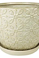 Leafy Scroll Planter with Attached Saucer, 10.25” x 9“, White