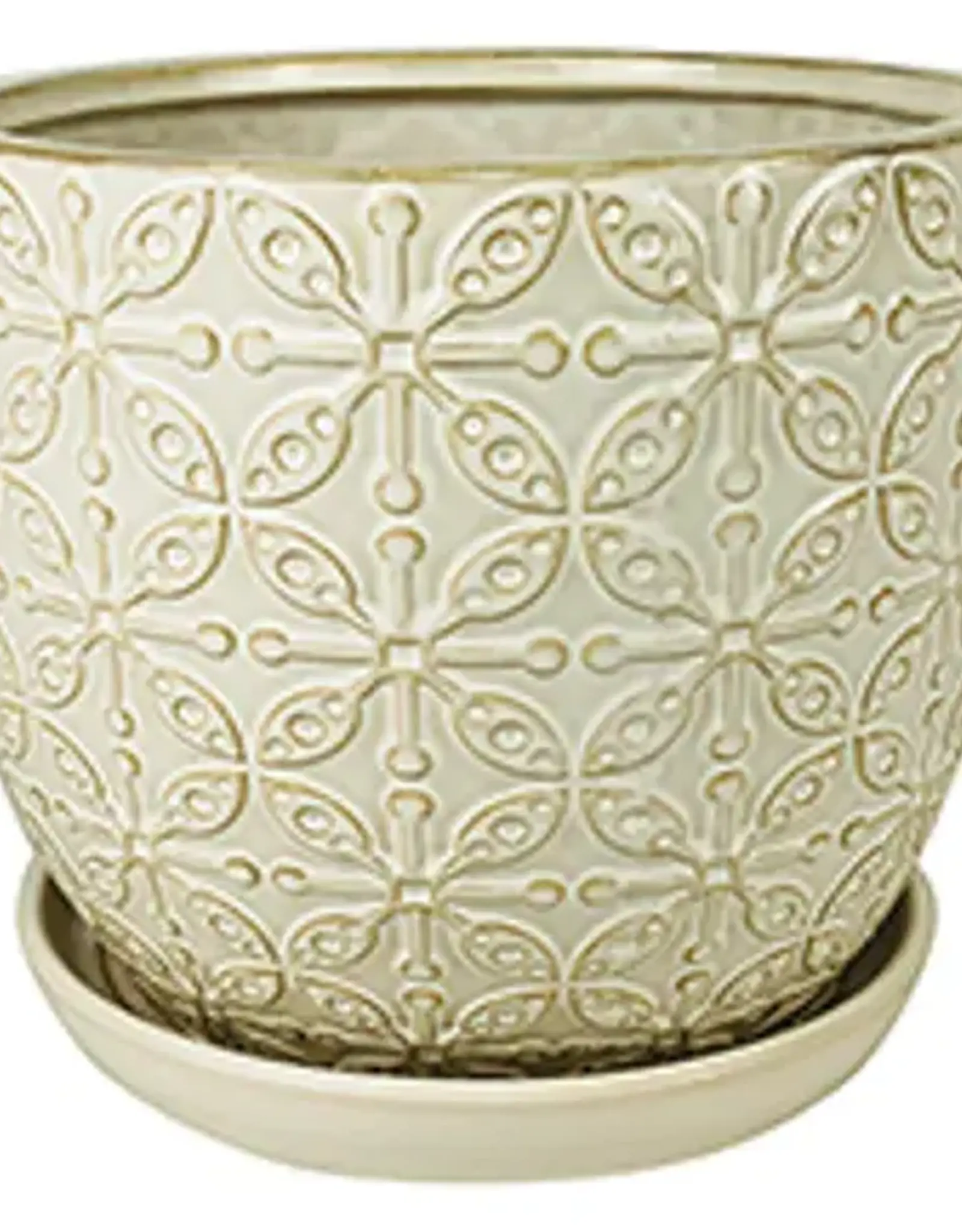 Leafy Scroll Planter with Attached Saucer, 10.25” x 9“, White